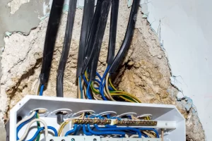 Exposed electrical wiring inside damaged wall