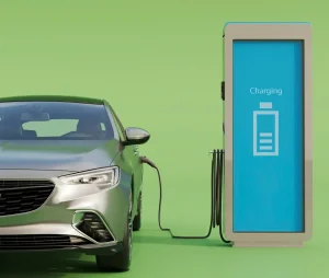 Electric car charging at station with battery display