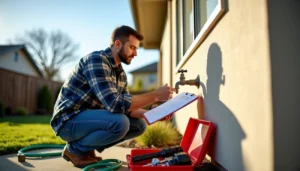 Man inspecting outdoor faucet with clipboard and tools