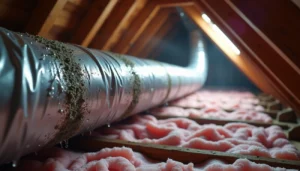 Moldy HVAC duct in attic with pink insulation