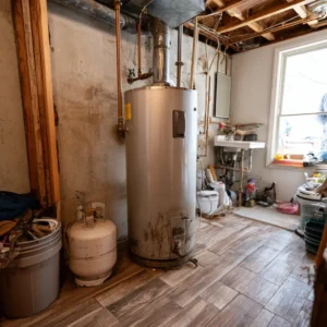 Basement utility room with water heater and sink