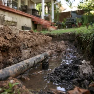 Exposed water pipe in muddy trench beside house