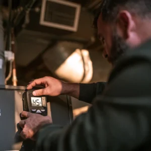 Technician measures humidity inside an HVAC unit