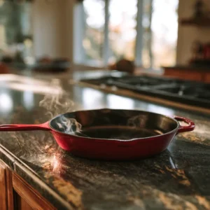 Steaming red cast-iron skillet on kitchen countertop