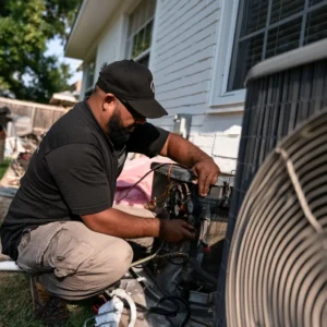 HVAC technician repairing outdoor air conditioner unit